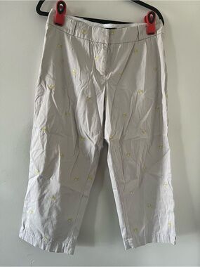 Talbots Embroidered Lemon Khaki Cropped Pants 10 Petite Straight Leg Coastal